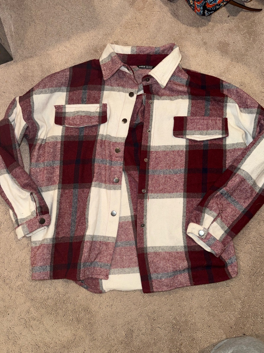 Plaid Button-Front Shirt Jacket in Burgundy and Cream - SHEIN